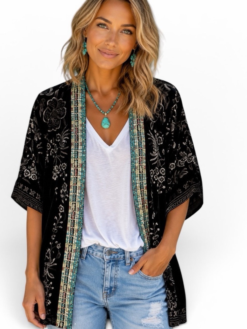 Johnny Was Okinawa Black Velvet Embroidered Kimono/Jacket Nwt (Short Version)